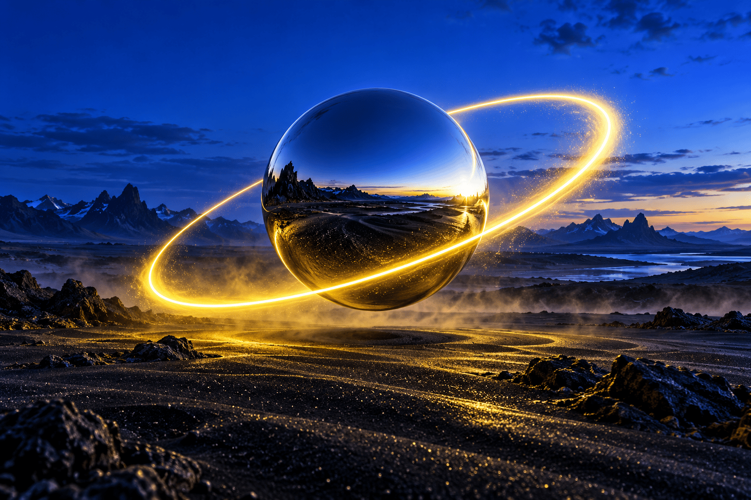 Concept artwork of a floating chrome sphere and a yellow light orbit above a black volcanic landscape