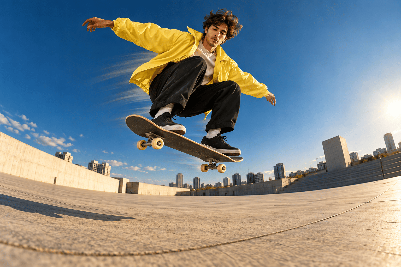 Concept artwork of an adult skateboarder in a yellow jacket jumping above a concrete plaza